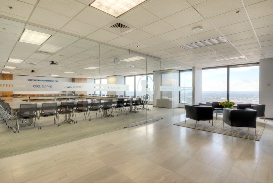 Overlooking the Mercedes-Benz Superdome, the 80 person board/learning room is outfitted with movable Fleet tables from Nucraft and Very chairs from Haworth to arrange the room into any configuration needed and utilize the room to the fullest extent possible.