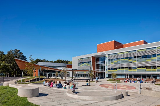 Outside learning spaces include an amphitheater, sundial, labyrinth, nature boardwalk and overlook. Curricula is being developed to take advantage of the sundial and compass features, as well as learning stations and exercise stations on the trails. All site curves are based on the Golden Section.