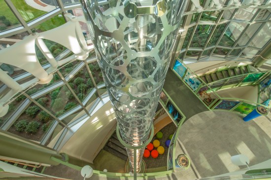 The artistic representation of a nanotube is the focal point of 'The Knuckle’s' interior. A potent LED shaft of light illuminates the nanotube at night provides an eye-catching display from both the interior and exterior of the building.