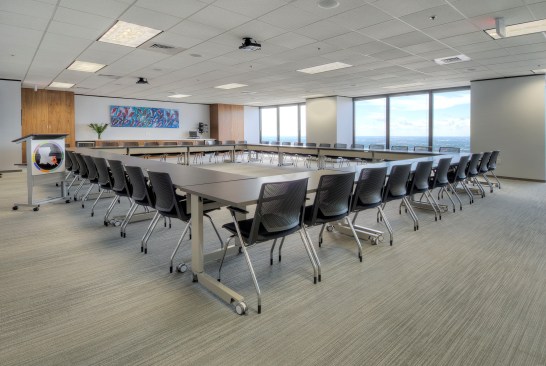 Overlooking the Mercedes-Benz Superdome, the 80 person board/learning room is outfitted with movable Fleet tables from Nucraft and Very chairs from Haworth to arrange the room into any configuration needed and utilize the room to the fullest extent possible.