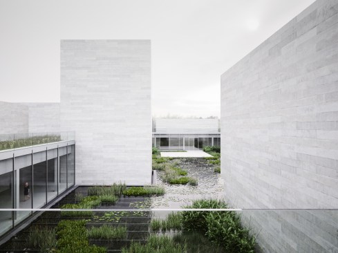 View of the PWP Landscape Architecture-designed water garden from the west.
