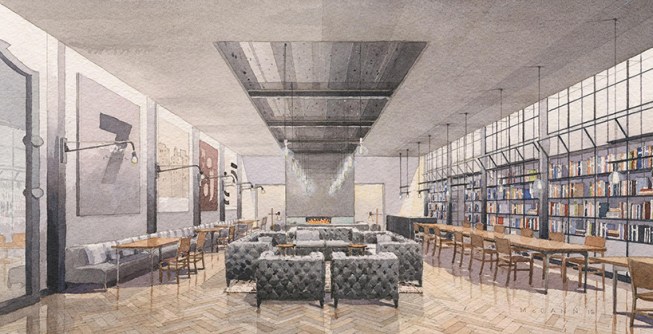 The lobby references materials and patterns from the original building from 1932.
