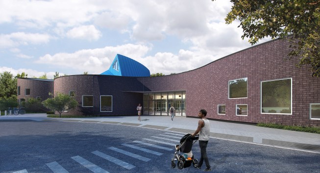 View of library and community space entrance looking south east from main parking area.