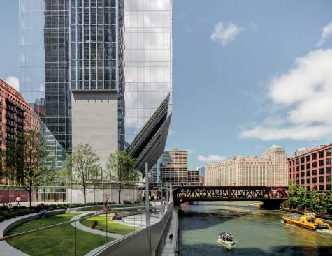 South Base Along River - Sitting on the west bank of the Chicago River, the building includes a public outdoor amphitheater at the south and riverwalk at the east, both overlooking activity on the water.
