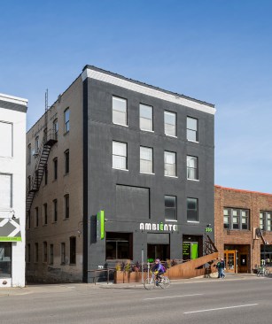 Exterior of building with Ambiente sign on the front