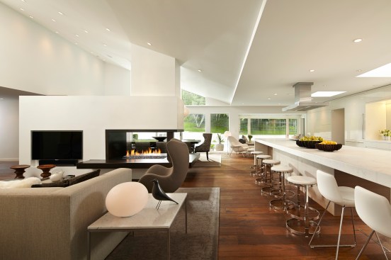 Remodel of Edina Mn residence, PK architects, Streeter and Associates, Andrew Flesher Interiors, ©Karen Melvin Photography, modern, contemporary, white, white kitchen, pizza oven, fireplace modern, monochromatic, woods, woodfloor, modern lamps, feather chandelier, feather pendant, poolside, Womb Chair, wire chair, remodel, remodel modern, architecture minnesota, AM cover