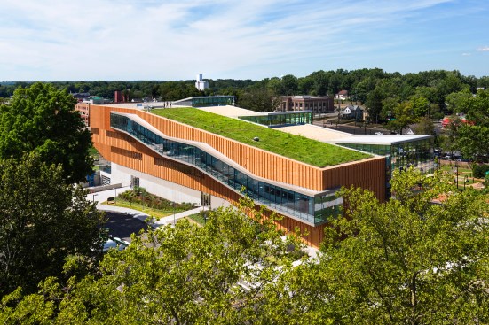 Aerial view from southeast, showing green roof