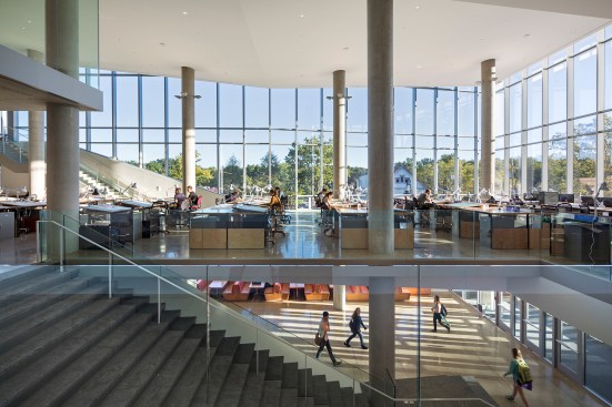 Interior view looking north, showing ground-floor entry and café and second-floor studio
