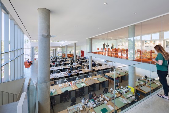 View from fourth-floor studio looking east, showing enclosed critique rooms on south side