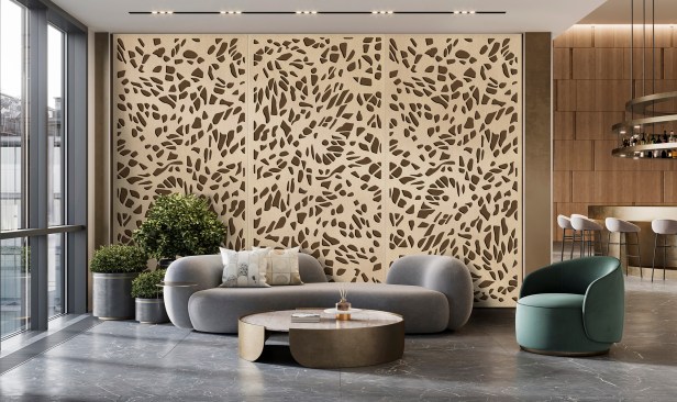 Digitally generated image of the luxurious hotel lobby. Interior of a hotel waiting lounge with sofa and armchair.