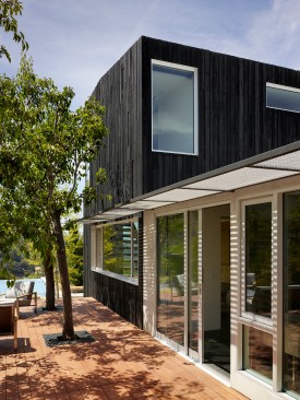 The harsh Silicon Valley sun is mitigated by sunshades on the original house. Trees shade the deck outside the kitchen, and the volume of the house itself shades other decks as the sun moves through the sky, ensuring that there is a comfortable, partially shaded outdoor space at all times.