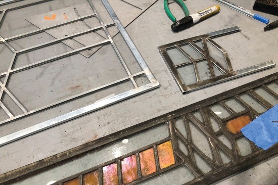 Where windows in the house were missing, reproductions (at top left) were crafted by Colorsmith Stained Glass Studio and carefully matched against the originals (at bottom). 