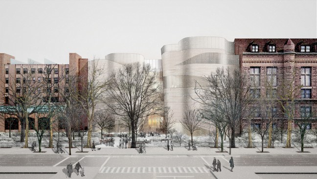 The view of the exterior façade of the Gilder Center from 79th Street and Columbus Avenue, including street trees and park plantings, as it would appear at opening.