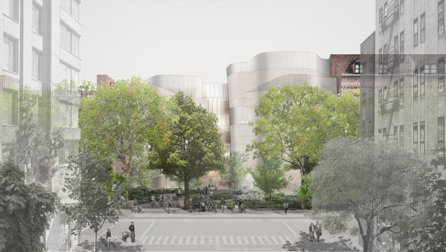 The view of the exterior façade of the Gilder Center from 79th Street and Columbus Avenue, including street trees, park plantings, and buildings on the west side of 79th Street, as it would appear at opening. 