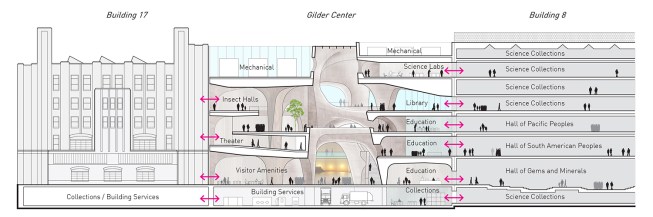 The conceptual design enhances visitor circulation by removing several dead ends and linking existing galleries, classrooms, collections and research areas, and the library.