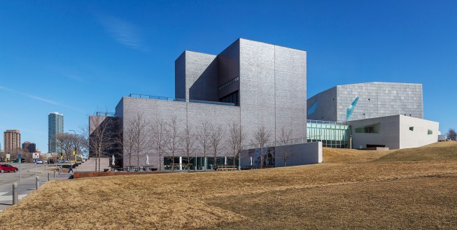 A view of the Walker Art Center before the Barnes building was re-clad, the new entry addition completed, and the new landscape by Inside Outside was installed.