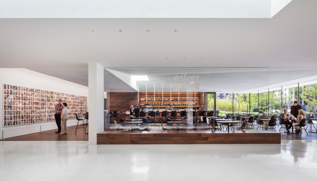 A 40-foot-long art wall flanks the new restaurant in the foyer, and features a rotation of site-specific commissions. “If you’re outside looking in, there still is a connection to the visual arts in the lobby, even though this is a restaurant,” Soranno says.