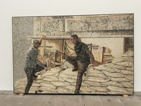 Omar Mismar, “Ahmad and Akram Protecting Hercules” Mosaic, 2019 – 2020. Courtesy of the Artist. On display at “Foreigners Everywhere,” at the 60th International Art Exhibition – La Biennale di Venezia.