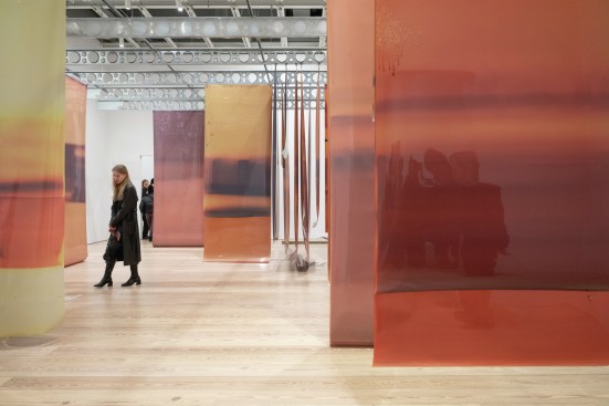 Installation view of Whitney Biennial 2024: Even Better than the Real Thing (Whitney Museum of American Art, New York, March 20–August 11, 2024). Lotus L. Kang, In Cascades, 2023. Photograph by Filip Wolak