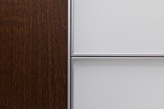 Side wall main panels in ViviChrome Chromis glass with White interlayer and Opalex finish; accent panel in American Cherry with Dark Mahogany Stain wood veneer in LEVELe-102 Elevator Interior with Capture panels at Sallie Mae, Newark, Delaware