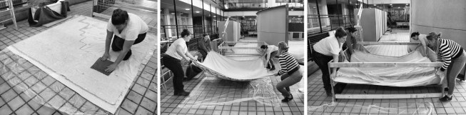 Fabrication of a self-structured curtain made from recycled paper pulp on a stretched form.