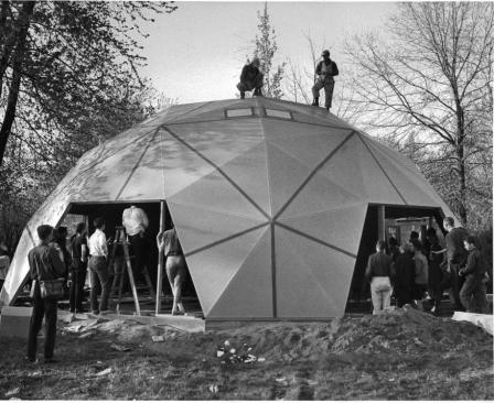 Construction on Buckminster Fuller's former geodesic dome residence in Carbondale, Ill., in 1960. The architect encouraged minimal material use in his structures.