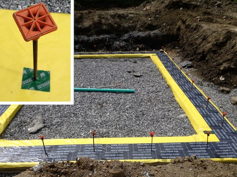 Figure 2. Strips of 10-mil Stego Wrap vapor barrier (yellow) were placed over the 40-inch-wide by 12-inch-deep footings. The strips were later used to join the Stego under-slab and foundation-wall membranes together. At rebar tie-in locations, the vapor barrier was air-sealed with Extoseal Finoc watertight barrier tape (see inset). A strip of Grace Vycor Plus was installed to protect the Stego Wrap where the foundation wall and interior, rigid EPS insulation met the footing.