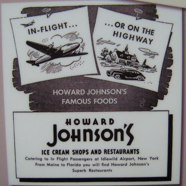 A historical Howard Johnson's restaurant advertisement displayed at the National Air and Space Museum in Washington, D.C., c. 1950.