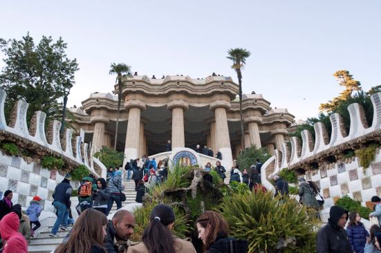 The entrance to Güell Park, a failed development for residents to live in a garden or parklike setting in Barcelona, Spain. Commissioned by Antoni Gaudi's patron Eusebi Güell, the park has become a UNESCO World Heritage Site.