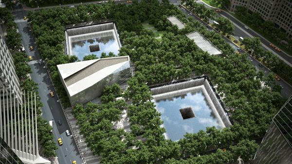 A rendered view of the National September 11 Memorial & Museum site.