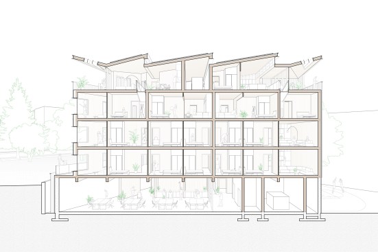 Perspective section, 201 Hampden, by Placetailor, Generate, Studio NYL, and Bensonwood