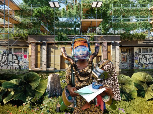 Olalekan Jeyifous' Street Marsh digital collage from the 2023 grant to Art Omi for the exhibition "Olalekan Jeyifous: Even in Arcadia..."