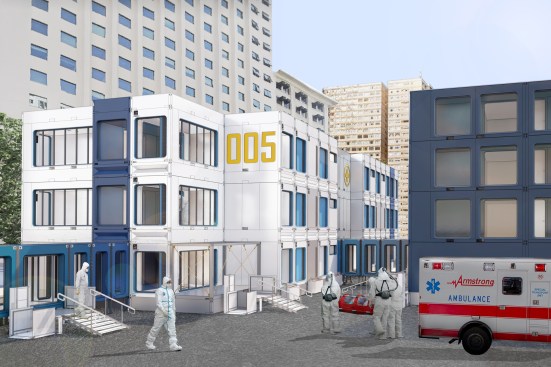 The hospital components were streamlined to fit exam rooms, operating rooms, and radiology imaging laboratories within a four-lane street. Patient room modules spin off the central hub.