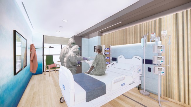 The patient buildings can house up to 70 patients each, using a repeated floor plan and simple wayfinding. Three modules form two patient rooms and individual restrooms, with a miniature nursing station. Virtual visitation devices enable patient communication with family members.