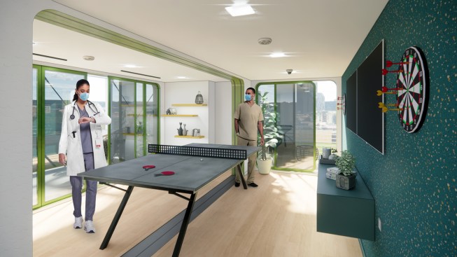 The wellness building offers amenities for staff members, including recreational areas, cooking, and dining.