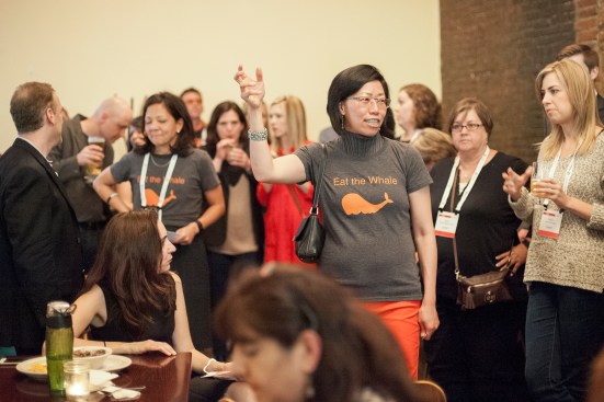 Sheng welcomes everyone to the happy hour, where the jury announced the EQxD Hackathon winner.