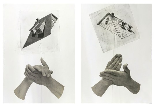 Heather Hart, "Oracular Rooftops (Believe, Stop)," 2014. Etching, aquatint, embossment, and chine collé on paper, 15x11 inches each. From the 2021 organizational grant to the University at Buffalo Art Galleries for "Heather Hart: Afrotecture (Re)Collection"