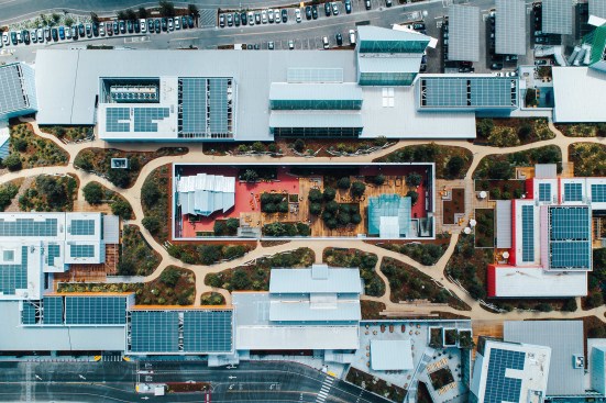 An aerial shot of the Facebook campus