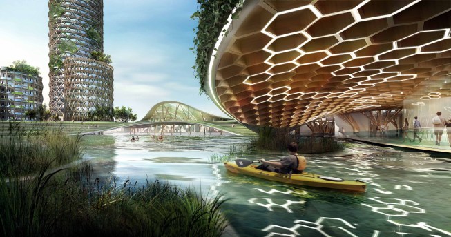 By the year 2100, the existing pier deck is submerged and the new landscape deck and pathways provide access to the mixed-housing towers
