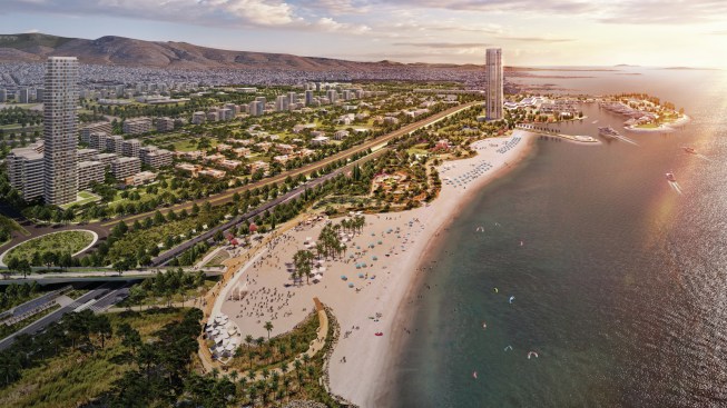 The Coastal Waterfront at Ellinikon, a one-kilometer long public beach with coastal gardens, restored dune habitat, and tamarisk and pine woodlands framing a promenade and event spaces. Athens, Greece.