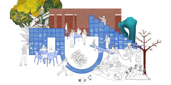 A digital rendering of Tatiana Bilbao ESTUDIO, designed by the Public, from the 2023 grant to the Landmark Columbus Foundation for the exhibition "Public by Design."