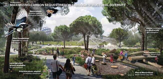 A the Ellinikon Metropolitan Park, reforestation is a key carbon abatement strategy, with over 13,000 large caliper trees, and more than 49,000 restoration tree saplings, included in the design. Instead of monocultural forestry, these systems are being designed as structurally complex, biodiverse ecosystems, which will ultimately store more carbon. Athens, Greece.
