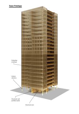 An illustration by Michael Green of a 20-story wood tower with interior structural walls and a glulam curtainwall.
