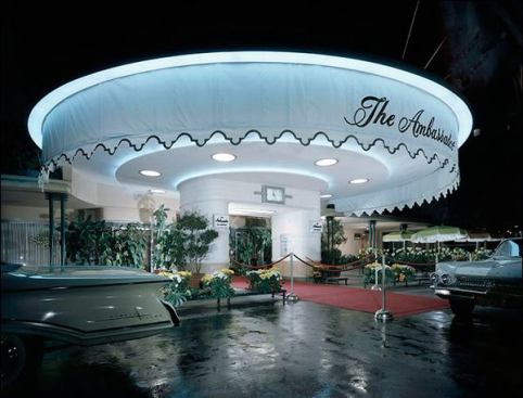The Ambassador Hotel in Los Angeles, by Myron Hunt, featured a lit cylindrical entry until its 2005 demolition.