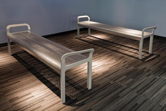 Ratio benches shown in backless configuration with Aluminum Texture powdercoated frame and Stainless Steel seat with Satin finish at The Field Museum - DNA Discovery Center, Chicago, Illinois