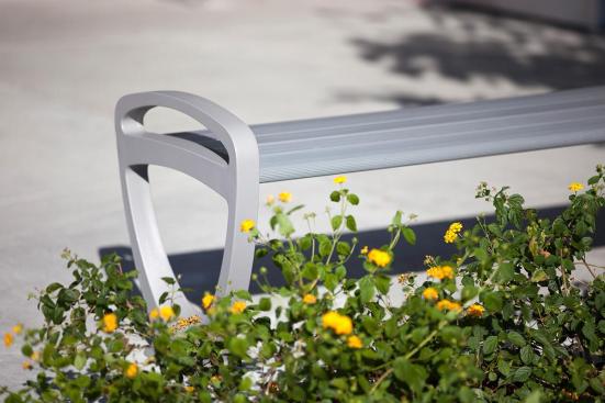 Trio Bench shown in 6 foot, backless configuration with Aluminum Texture powdercoated frame and clear anodized aluminum slats at Page Field, Fort Meyers, Florida
