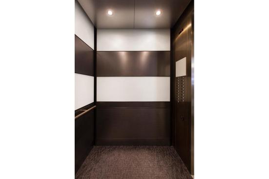 LEVELe-104 Elevator Interior with main panels in ViviChrome Chromis glass, White interlayer, Opalex finish; upper accent and handrail panels in Fused Nickel Silver, Sandstone finish; lower accent panels in Fused Nickel Silver, Sandstone finish, Dallas Impression pattern; Round Handrail at 1000 Broadway, Portland, Oregon