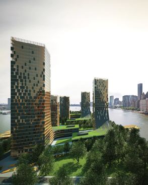 A rendering by Vancouver architect Michael Green of the wood towers—up to 30 stories tall, and featuring dorms, offices, and classrooms—that he’s proposing for the Cornell NYC Tech campus on New York’s Roosevelt Island. Skidmore, Owings & Merrill is designing the master plan for the site.