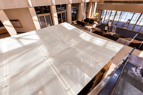 Kiosk roof in ViviGraphix Graphica glass with Silkworm interlayer and Standard finish at Lloyd Center Tower, Portland, Oregon