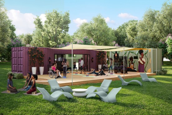 Renderings of the She Care Wellness Pods designed by Saudah Saleem Interiors and Kiyonda Powell Design Studio, and built by S.I. Container Builds